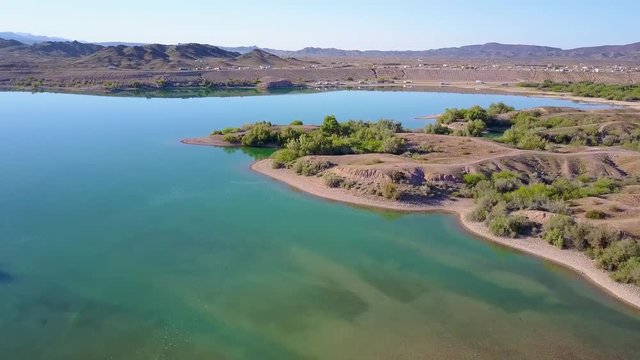 Serene aerial drone view of beautiful Senator Wash Reservoir in Colorado River Basin. Located in the deserts of Southern California