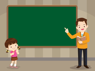 Teacher and studen girl standing in front of chalkboard