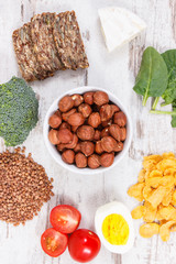 Healthy ingredients as source minerals, vitamin B2 and dietary fiber, nutritious eating concept