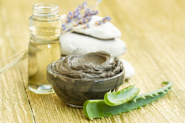 cosmetic mud mask with aloe vera, lavender and essential oil.