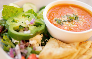 Healthy soup and salad, Tomato Soup and Greek salad.