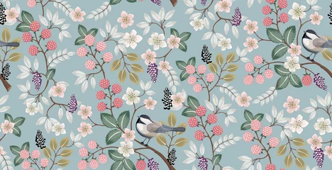 Foto op Canvas  Vector illustration of a seamless floral pattern with cute birds in spring for Wedding, anniversary, birthday and party. Design for banner, poster, card, invitation and scrapbook  © Jung Suk hyun