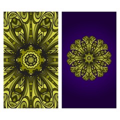 Visit Card Template With Floral Mandala Pattern. Vector Template. Green, purple color