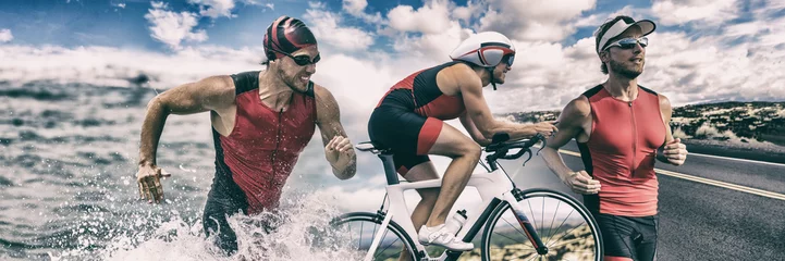 Poster Triathlon sport banner man running , swimming, biking for competition race background. Triathlete swim bike run composite. © Maridav