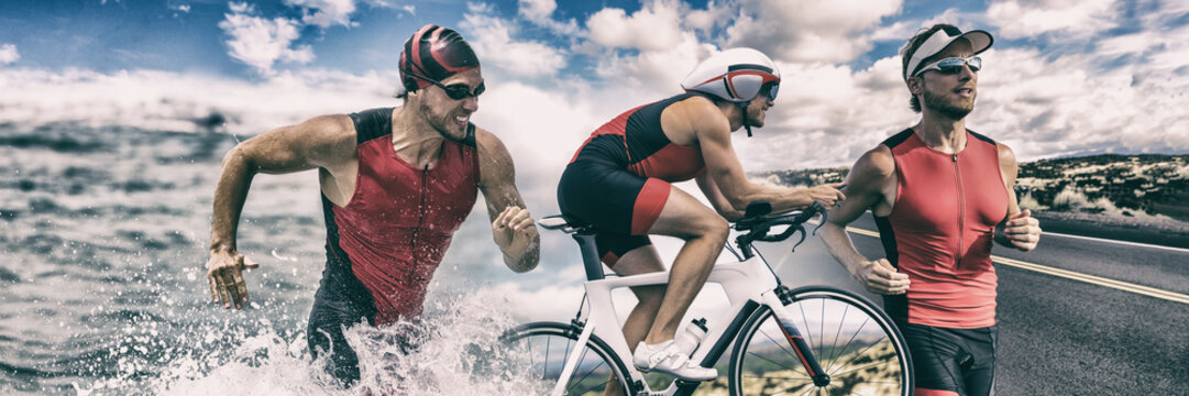 Triathlon sport banner man running , swimming, biking for competition race background. Triathlete swim bike run composite. © Maridav