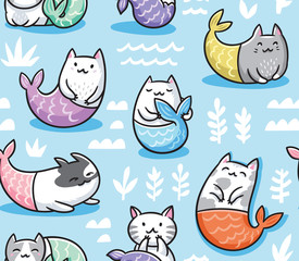 Seamless pattern with cats mermaid in kawaii style. Vector illustration