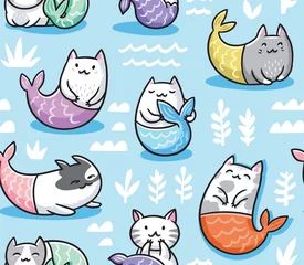 Behang Naadloze patroon met katten zeemeermin in kawaii stijl. vector illustratie © penguin_house