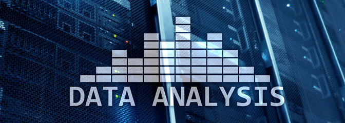 Big Data analysis text on server room background. Internet and modern technology concept