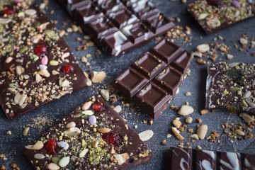 Handmade chocolate with nuts and dried fruits, Chocolatier, Sweet gifts, Valentine's Day, White Day, Howaito day, Closeup, Selective focus