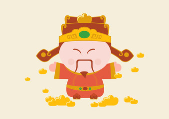 Flat line vector and illustration, Chainese god of wealth or fortune god of Chainese and gold cube for wealth on light yellow background.