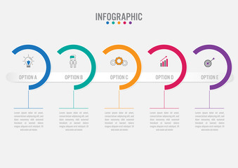 Business infographic template with 5 options circular shape