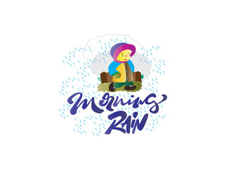 Beautiful little girl walking in the rain, wear a sweater illustration.  Vintage font typeface vector named morning rain.