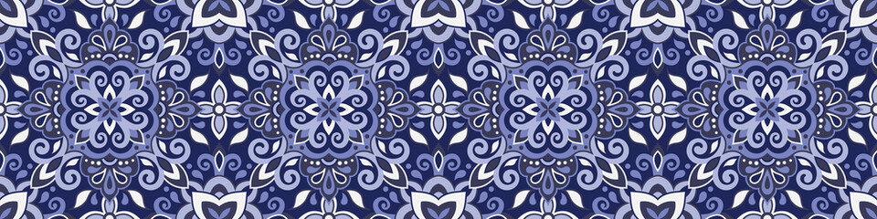 Ethnic style seamless pattern. Azulejo ceramic tile design. Zellige ornament. Talavera tracery motif. Portuguese, Spanish, Mexican, Brazilian folk print