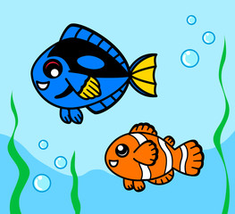 clown fish and blue tang