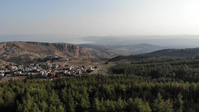 Fly Down To Forest Tree With a Village And Big Lake View