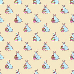 Easter bunny seamless pattern with egg on a yellow background. Spring illustration for the day of Holy Easter. Vector graphics.