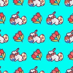 Bunny seamless pattern with easter eggs and a bouquet of tulips. Easter picture on a green background. Print for printing on fabric. Vector illustration.