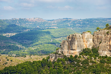 Fototapeta na wymiar Landscape from a cliff at Siurana - a famous highland village Siurana of the municipality of the Cornudella de Montsant in the comarca of Priorat, Tarragona, Catalonia, Spain.