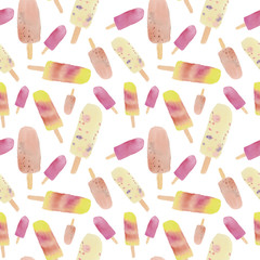 Watercolor seamless pattern, multicolored ice cream, hand-drawn, isolated on white background