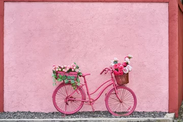 Hellrosa Fahrrad mit Blumen in seinen Körben im Freien © Andriy Bezuglov