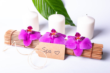 A set up of spa items on white background with copy space - gift card idea