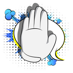 Vector cartoon hand showing deny or refuse gesture. Illustrated Like hand sign on comic book background.