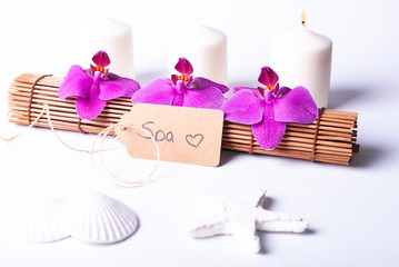 A set up of spa items on white background with copy space - gift card idea