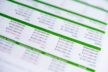 Obraz premium Spreadsheet table paper with pencil. Finance development, Banking Account, Statistics Investment Analytic research data economy, trading, Mobile office reporting Business company meeting concept.