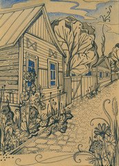 Country wooden house on village street with flowers and trees. Hand drawn picture.
