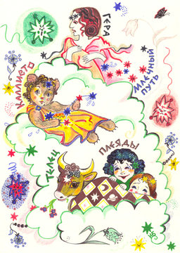 Allegorical image of the constellations according to ancient Greek mythology with inscriptions in Russian. Hera, Callisto, Milky Way, Taurus, Pleiades. Drawing with colored pencils for children.