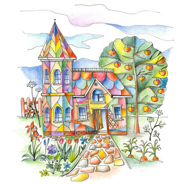 Colorful country house with turret in flourishing garden. Hand drawn picture by colored pencils.