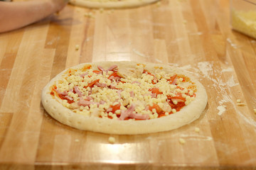 pizza on wooden table