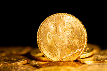 Gold coins over dark background