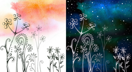 Day and night. Hand drawn picture with flowers and herbs on watercolor background.