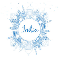 Outline India City Skyline with Blue Buildings and Copy Space.