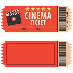 Vector red cinema ticket isolated on white background. Cinema ticket, skip to watch movies, realistic look. Cinema ticket movie coupon admit film entertainment.