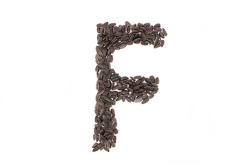 Alphabet from black sunflower seeds isolated on white background