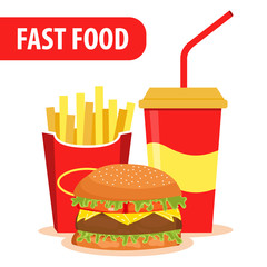 Colorful Fast food vector isolated on white background. Fast food hamburger dinner and restaurant. Lunch with Hamburger, French Fries and Soda isolated on background. Group of Fast Food products.