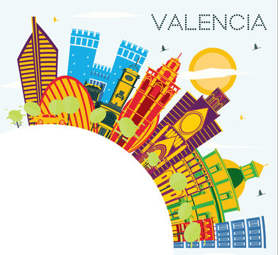 Valencia Spain City Skyline with Color Buildings, Blue Sky and Copy Space.