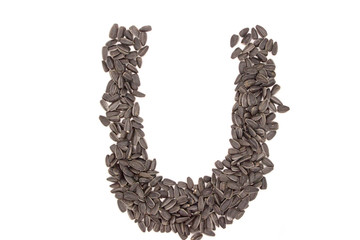 Alphabet from black sunflower seeds isolated on white background