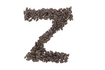 Alphabet from black sunflower seeds isolated on white background