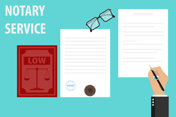 Notary service execution of documents seal and signature on papers. The notary signs the document and stamps. Vector illustration of notary services.