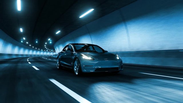 Modern Electric car rides through tunnel with cold blue light style