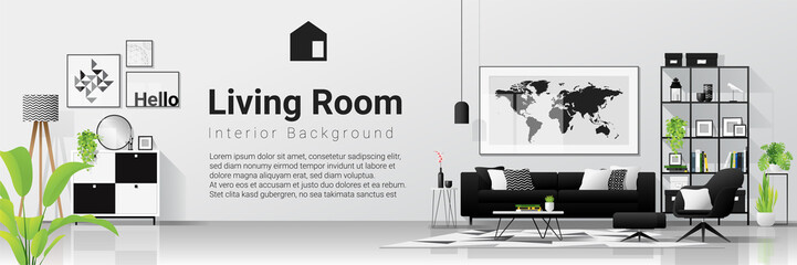 Interior background with living room in modern black and white scandinavian style , vector , illustration