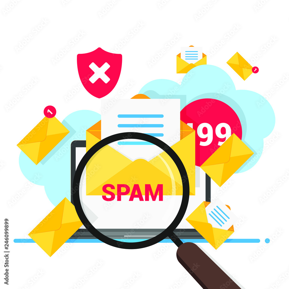 Poster spam mail concept flat style design vector illustration. many envelopes out of notebook. warning and