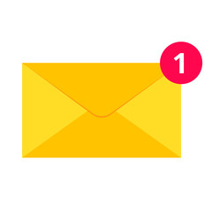 New message with closed golden yellow envelope and number 1 letter icon sign flat style design vector illustration isolated on white background.