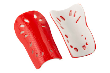 red plastic leg protector, for playing football, a pair of overlays, on a white background