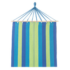 blue-green multi-colored hammock striped, folded in two, hanging on a white background