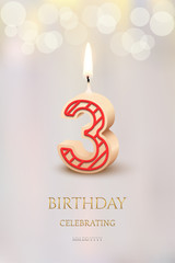 Burning number 3 birthday candle with birthday celebration text on light blurred background. Vector third birthday invitation template.