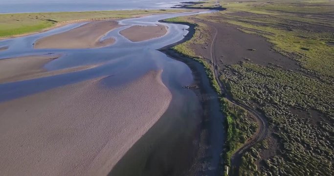 Aerial Footage of River Delt During Sunny Summer In Snaefellsness Peninsula, Iceland